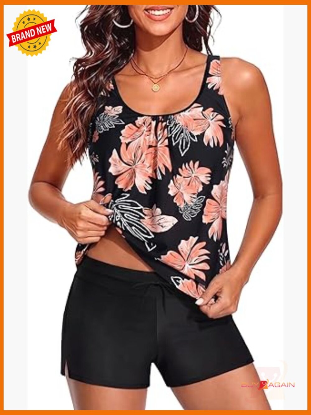 Two Piece Blouson Tankini Set with Shorts Modest Swimwear